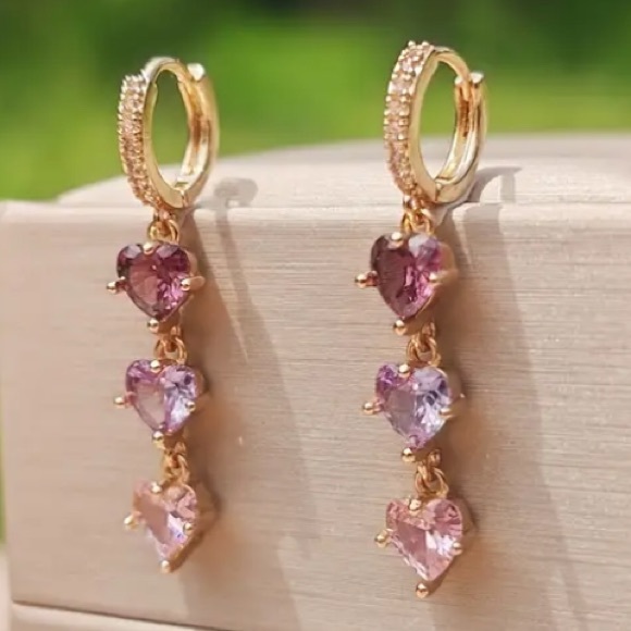 Purple Amethyst Lavender & Pink Topaz Heart Diamond Gold Toned Earrings - Picture 3 of 4